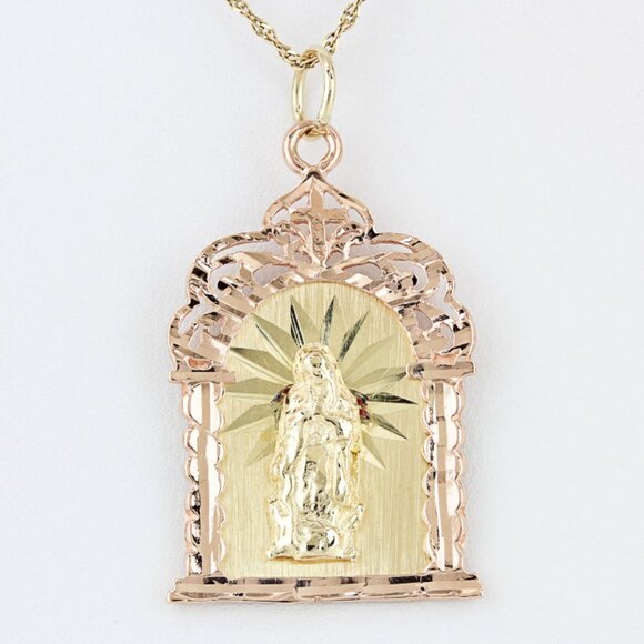 14K Two-Tone Gold Virgin Mary Pendant Religious Catholic Charm Vintage Gift